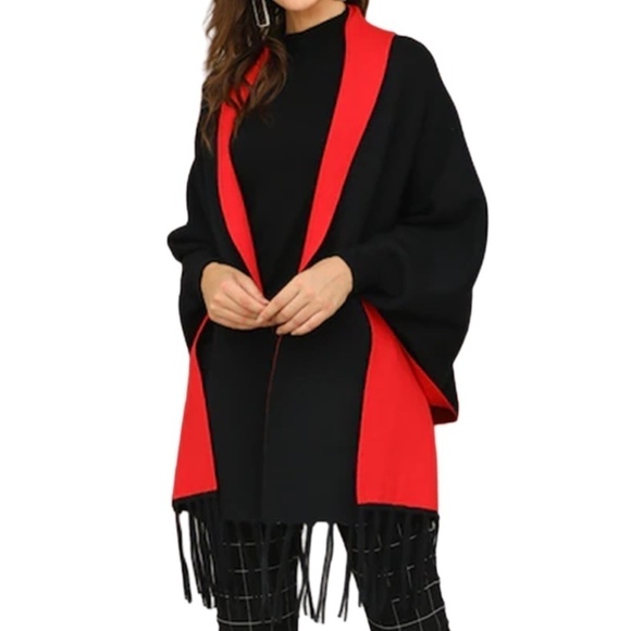 Black and Red Reversible Shawl Sweater Cape Open Poncho Fringe Tassels OS 4-14 - Picture 1 of 14